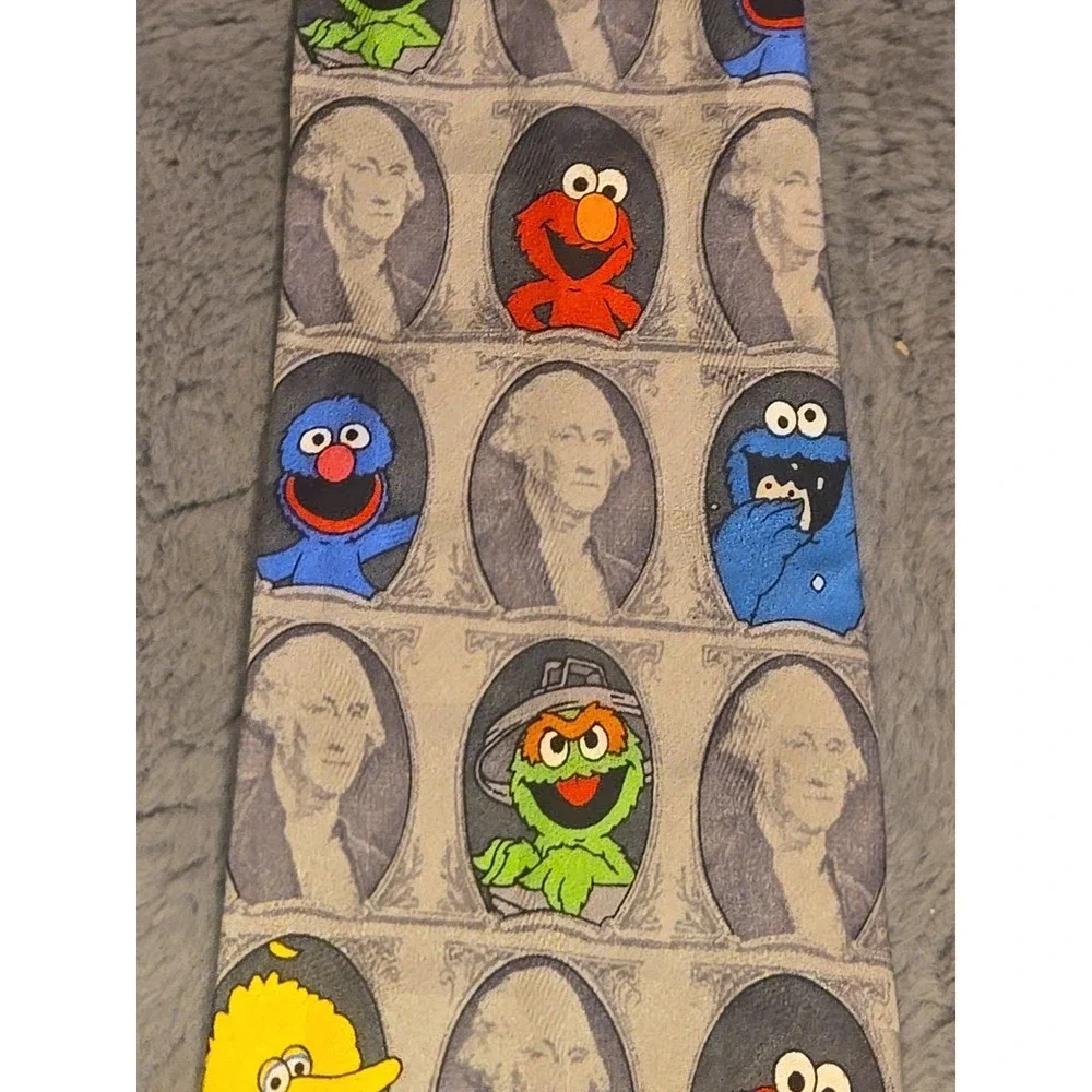 Vintage Sesame Street Dollar Bill Silk Tie Elmo Cookie Monster Novelty Money 90s